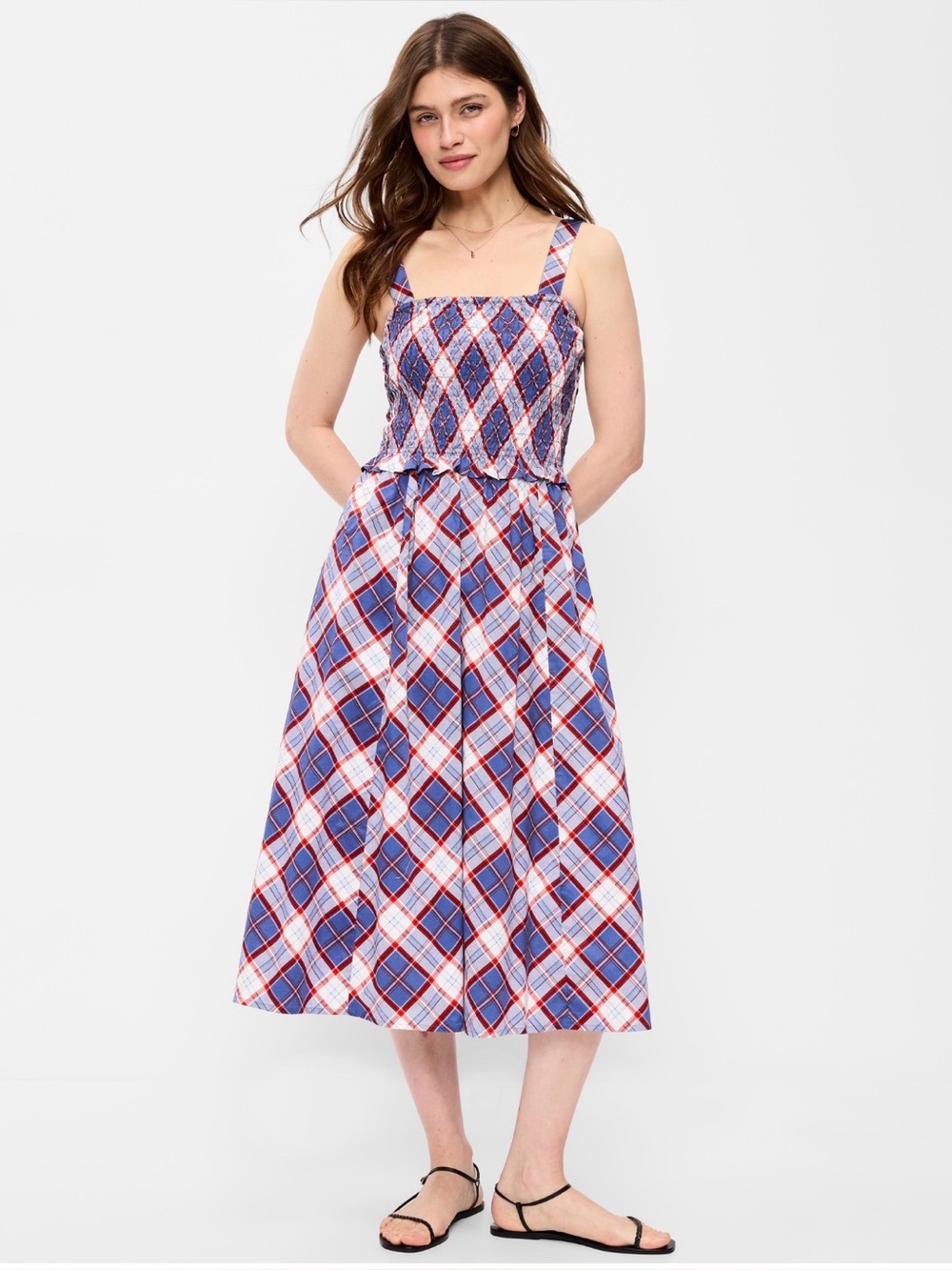 Old Navy Blue Plaid Fit & Flare Smocked Bodice Midi Dress Sz S